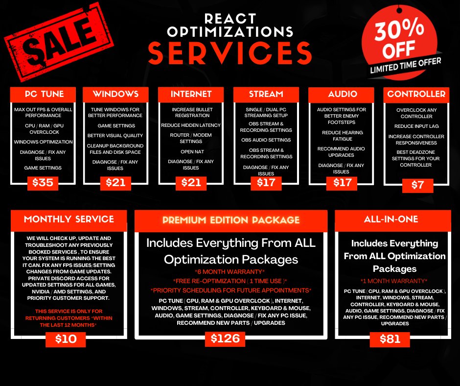 MasonReact's tweet image. 🚨 CYBER MONDAY SALE — 30% OFF! 🚨
If your PC feels slow, delayed, or inconsistent in games… this is your sign...✨

Limited-time 30% OFF sale on all @ReactPCs Optimizations — PC, Internet, Stream, Audio, &amp;amp; Controller Optimization Services 💻

🔥 Sale Ends Tonight @ 12am EST