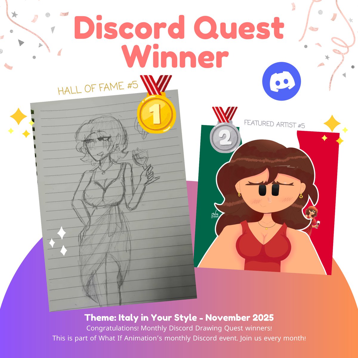 WhatifAnimation's tweet image. Discord Quest Winners - November 2025 ❤️
Theme: Alessia (Italy) in Your Style

Thank you for all the lovely Alessia pieces this month. 💙
Winners get a little reward as always.

Next quest begins now!
🔗 discord.com/invite/G7xjBsT…