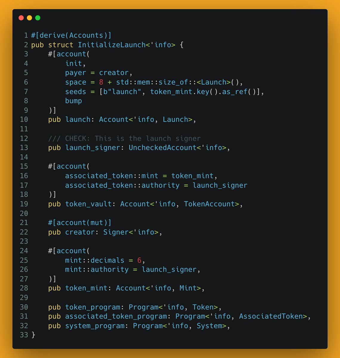 Annotated Solana Rust code showing PDA derivation and missing validation in launch_signer