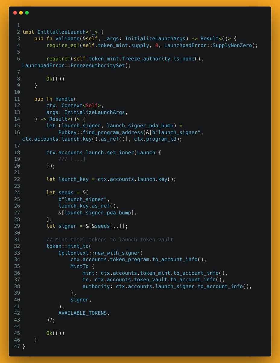 Solana instruction code for token minting with unchecked launch_signer PDA
