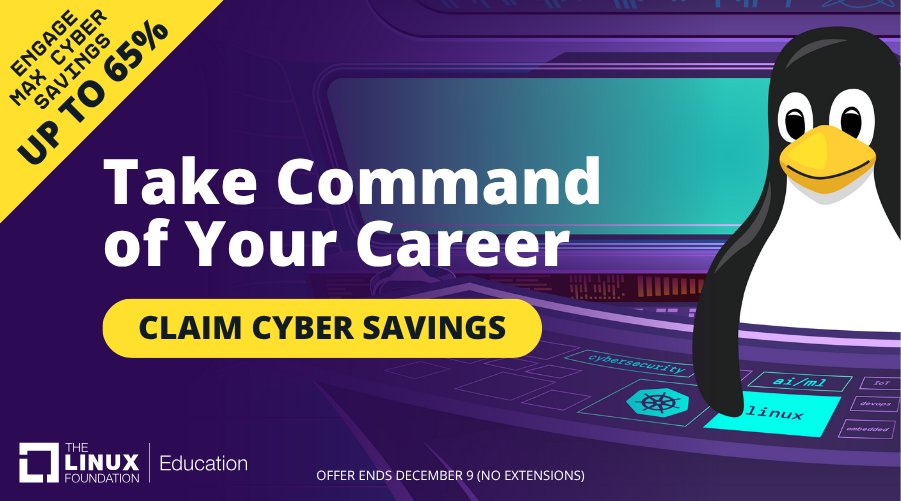 OpenSearchProj's tweet image. 🐧 Tux is stacking skills — and you can too!
Save up to 65% when you commit to building your IT career in 2026 during Cyber Week.

Enroll and save today: hubs.la/Q03WhCcc0 

✳️ BONUS! Get a US$100 gift voucher to use for courses &amp;amp; certifications in 2026! 

#CloudNative…