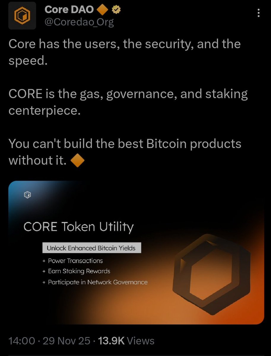 Queenbiee01's tweet image. Core has everything a true Bitcoin-built ecosystem needs, users, top-tier security, and real speed. 🔶
CORE sits at the center of it all: gas, governance, and staking.
If you’re building serious BTCfi products, you can’t ignore CORE. 🚀
#CoreDAO #BTCFi