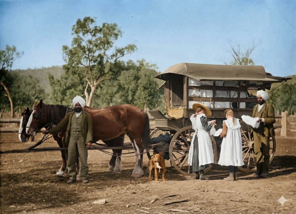 iamgurparvesh66's tweet photo. Punjabi sikh hawker, Pollah Singh (Bhola Singh) with his customers in the Upper Murray area, Victoria, Australia time period c.1905

Courtesy State Library Victoria
Photo Colorised with : Google Gemini Ai
#Punjabi #Australia #Sikh #Victoria https://t.co/pFDBccdBlC