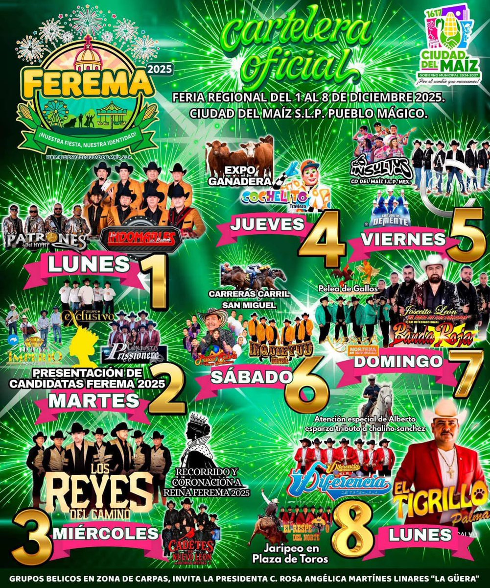 🎶🎡🌽Ya inicia la Feria Regional Ciudad del Maíz 2025, en la zona noreste de San Luis Potosí, tienes hasta el 8 de diciembre para visitarla:

dondehayferia.com/feria-regional…