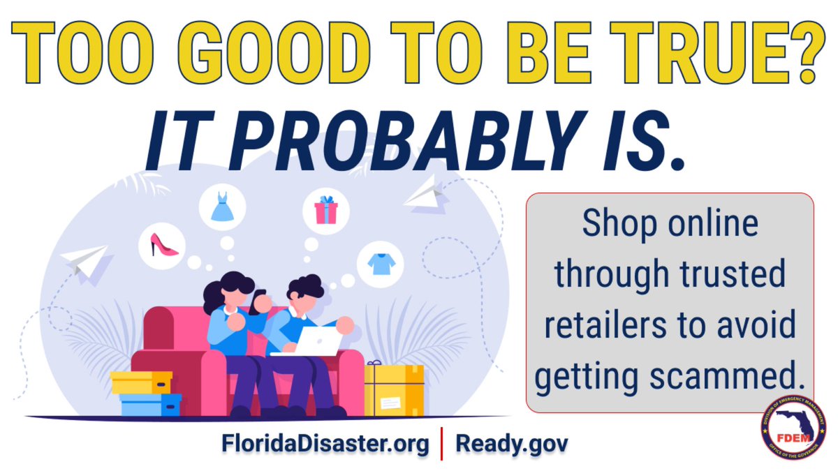 FLSERT's tweet image. 🖥️ Shopping online this #CyberMonday? Stay cyber-safe with these tips:

✔️ Limit the personal info you share &amp;amp; check your privacy settings
✔️ If the deal is too good to be true—it probably is 
✔️ Use secure, trusted Wi-Fi networks

Visit Ready.gov/Cybersecurity for more!