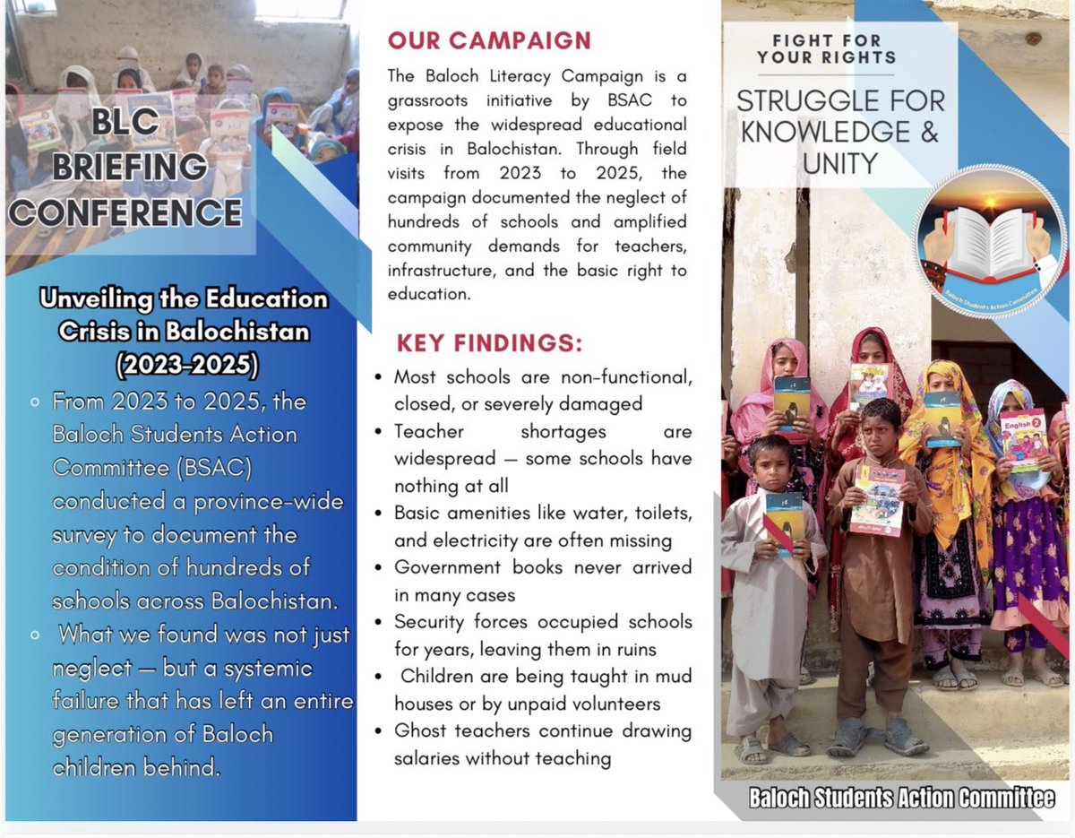 BSAC_org's tweet photo. BSAC’s campaign has published a brochure which describes “Unveiling the Educational Crisis in Balochistan”.
We ask you to join the BSAC’s educational campaign to unite for quality education and educational justice across Balochistan.

You can contact;
Officialbsac@gmail.com
~BSAC https://t.co/spqOnDchfP