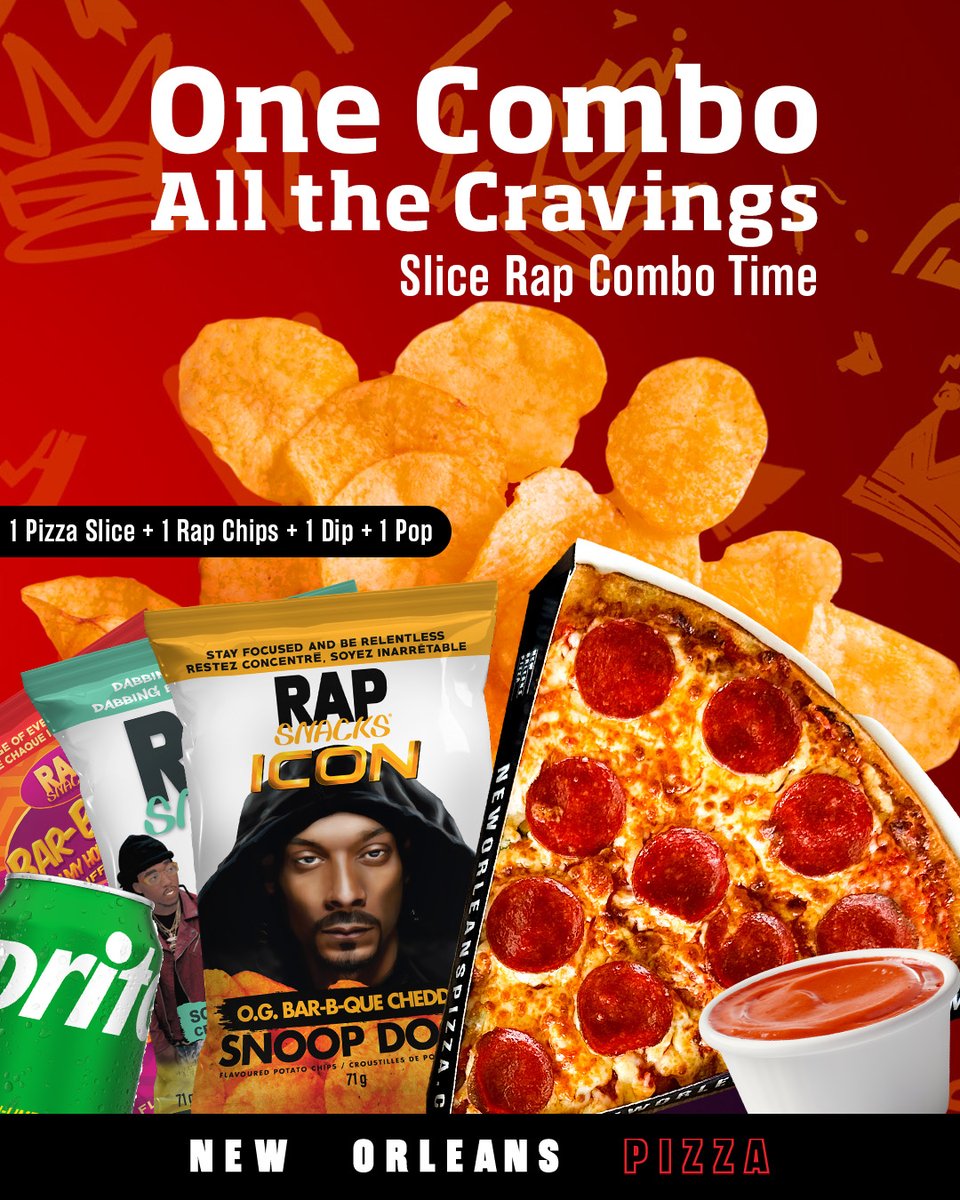 Your new favourite pizza combo has entered the chat. 😏

Grab 1 Slice + Rap Chips + Dip + Pop for just $9.25 — walk-in only!

New Rap Chips just dropped… trust us, you’ll want to try them! (Not available in NFL locations)
.
.
.
#pizzacombo #Rapchips #pizzaslice #NewOrleansPizza