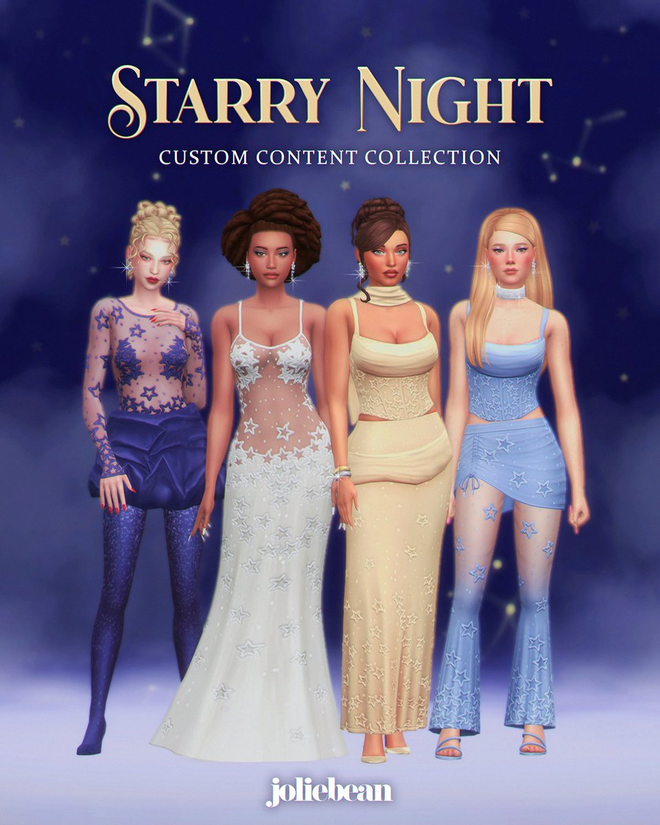 joliebeancc's tweet image. Step into a night painted with stardust✨This new set features an ethereal collection of clothing items and accessories inspired by midnight skies and glowing constellations. Have fun and happy simming! 💕
📅 Public Release - December, 22
🔗 in my bio