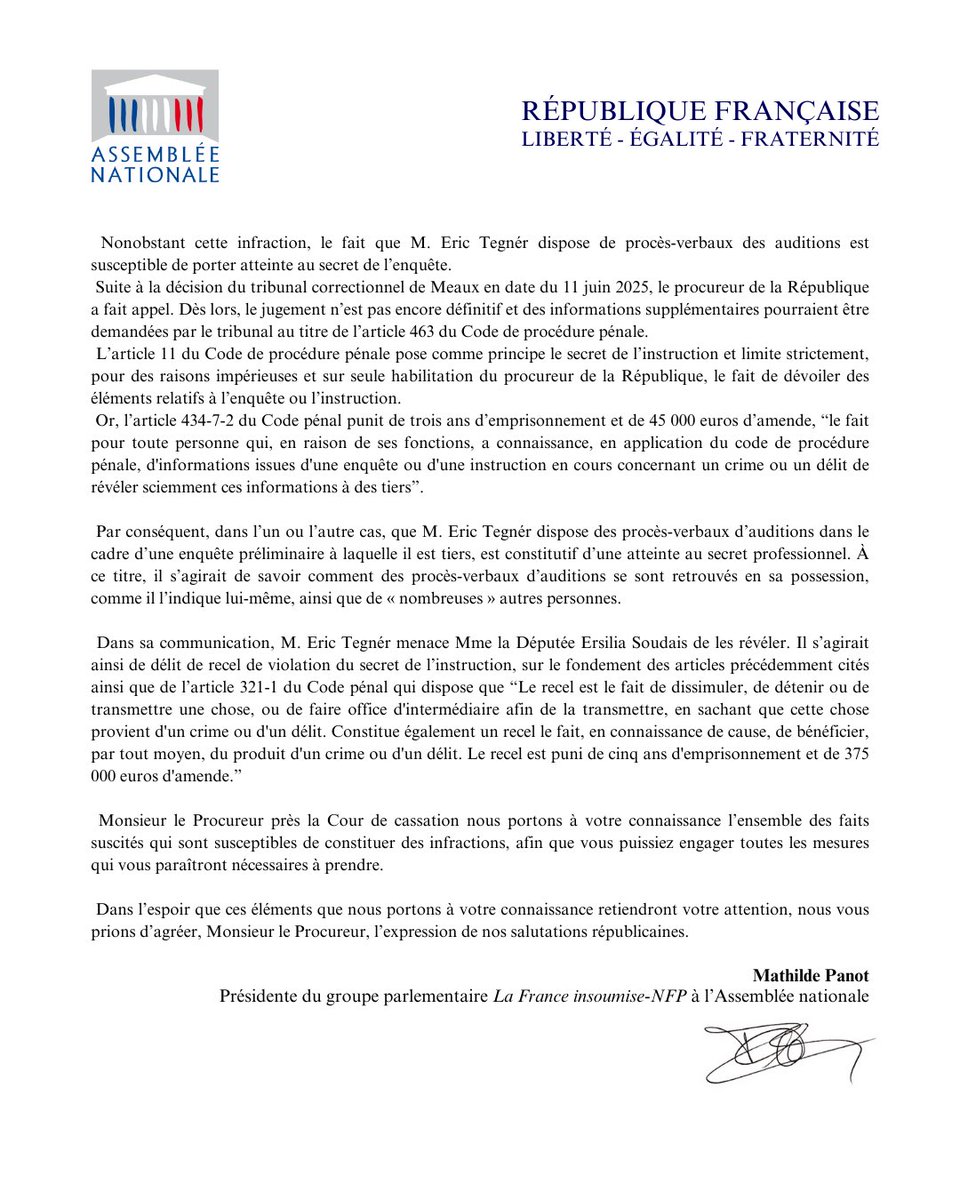 MathildePanot's tweet image. Sur le réseau social X, Erik Tegnér a indiqué être en possession de PV d’audition concernant la députée Ersilia Soudais et menace de les révéler.

Ces pratiques en plus d’être répugnantes sont illégales. Je saisi la Procureure de la République au titre de l&apos;article 40 de la…