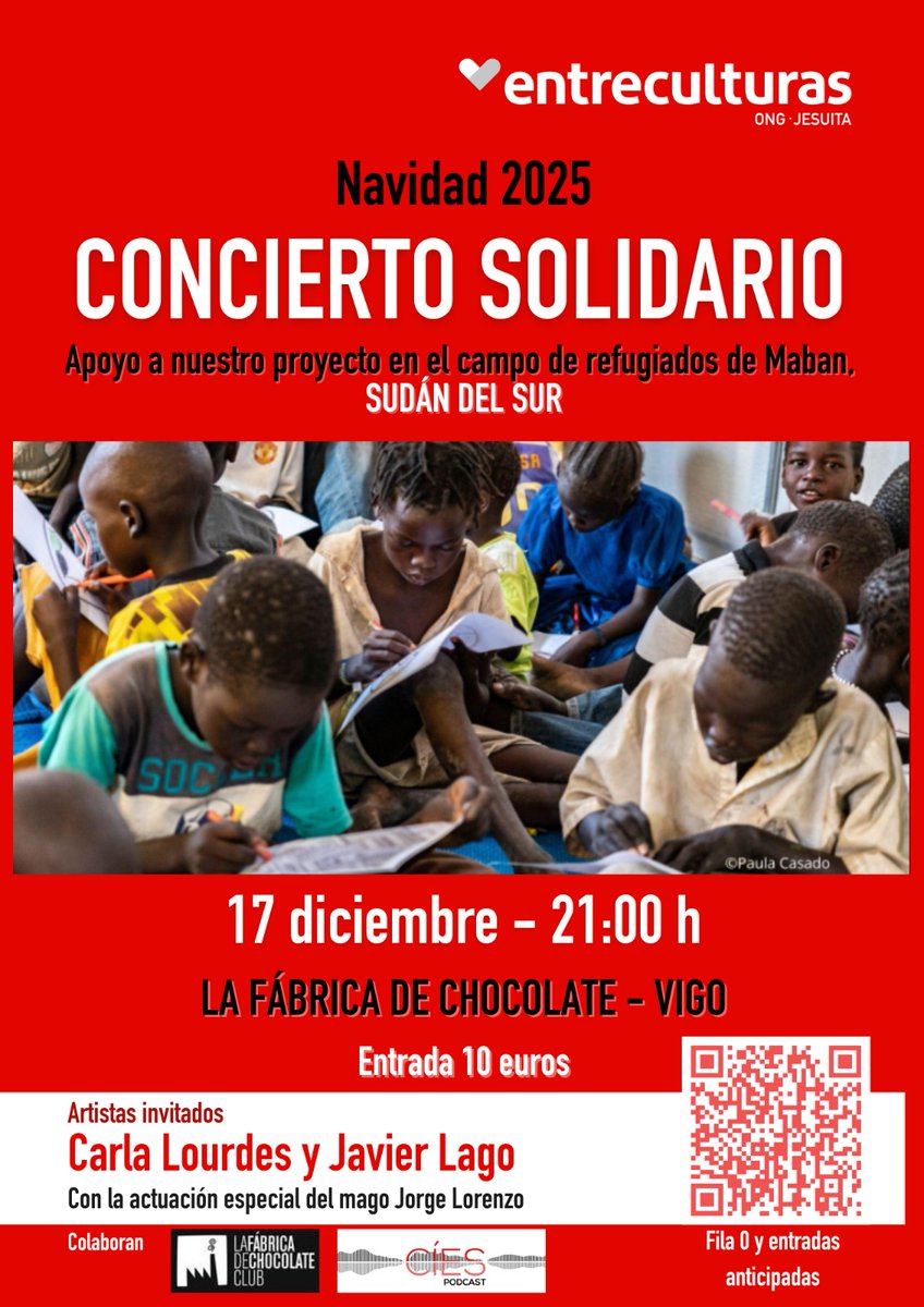 Otro año más el concierto solidario de Entreculturas ♥️. 
Disfrutaremos con la música de <a href="/CarlaLourdesGA2/">CARLA LOURDES</a> 🎤, Javier Lago 🎶 y con el mago Jorge Lorenzo.🎩
Nos vemos el 17 de diciembre a las 21:00 en <a href="/LaFabricaVigo/">FabricaChocolateClub</a> .Puedes reservar tus entradas en el QR y colaborar con la fila 0.