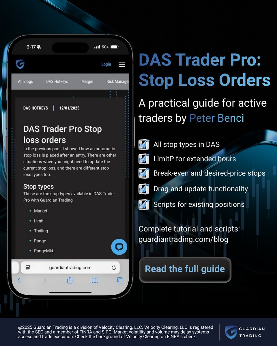 TradingGuardian's tweet image. New guide from Peter Benci is live.

A clear explanation of stop loss orders in DAS Trader Pro, including LimitP for extended hours, break-even updates, and scripts for existing positions.

Full walkthrough: guardiantrading.com/das-trader-pro…

What DAS hotkeys would you like us to cover…