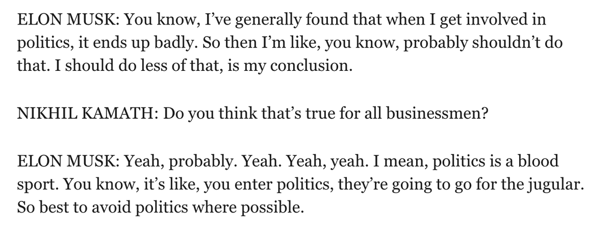 teddyschleifer's tweet photo. Elon Musk says he should "probably" do "less" politics.

"I've generally found that when I get involved in politics, it ends up badly." https://t.co/hx2IC1ucuh