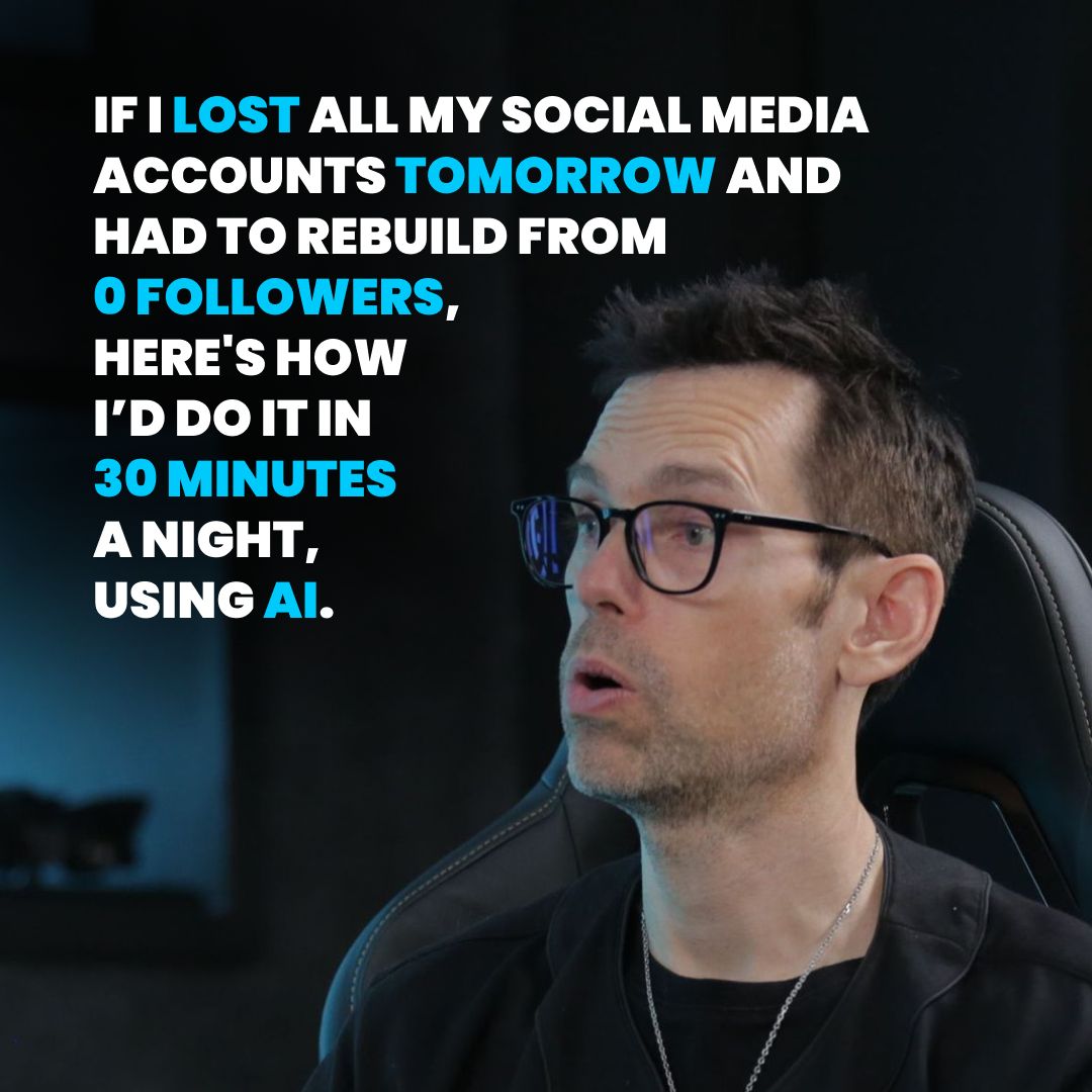 TomBilyeu's tweet image. If I lost all my social media accounts tomorrow and had to rebuild from 0 followers, here's how I’d do it in 30 minutes a night using AI.

Most people would panic.

Start posting random content and hope something sticks.

I'd let AI do the heavy lifting..

Day 1: I'd deploy my AI…