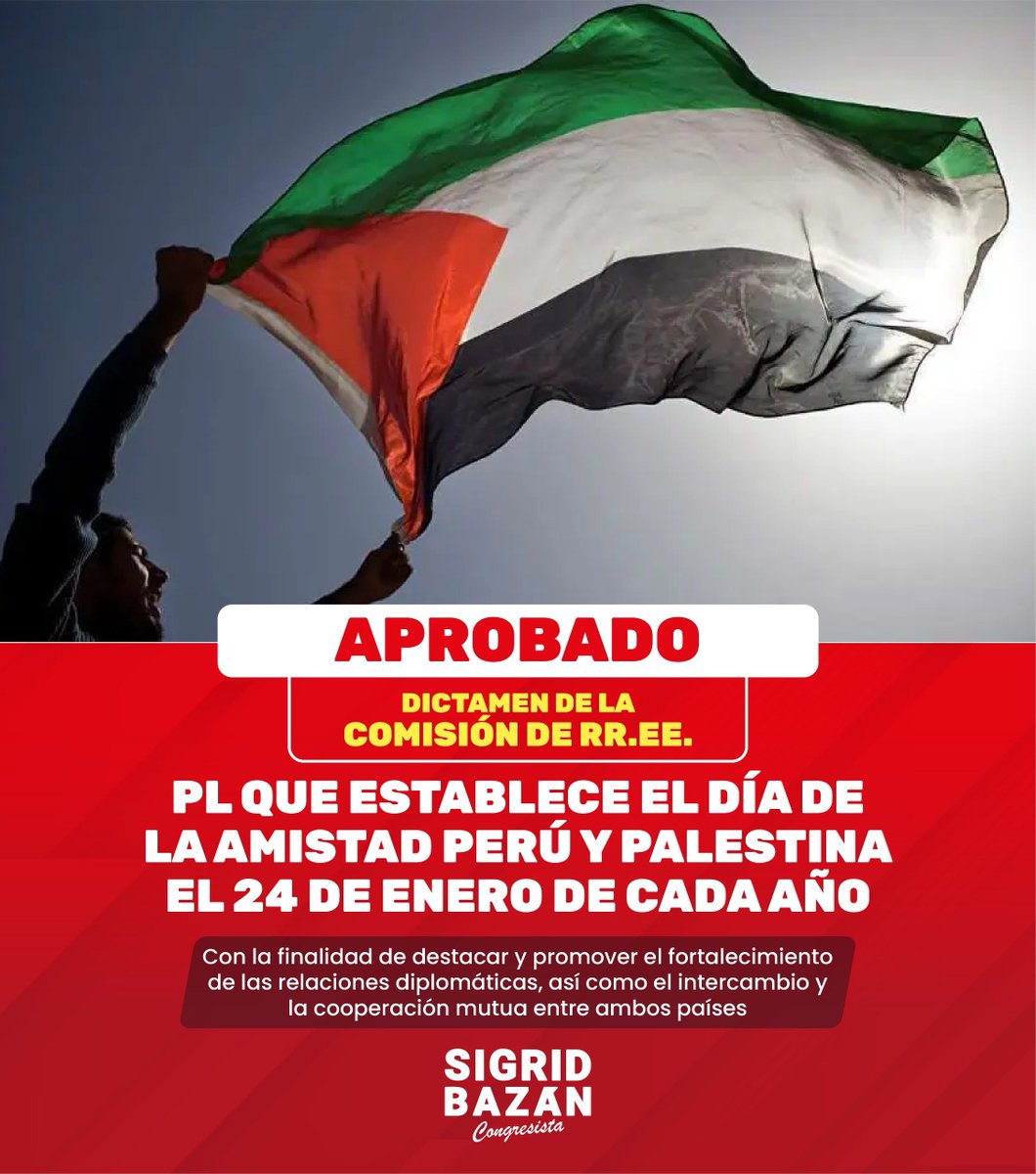 sigridbazan's tweet image. Se APROBÓ en la Comisión de Relaciones Exteriores mi proyecto de ley que establece el Día de la Amistad Perú y Palestina 🇵🇪 🇵🇸, el 24 de enero de cada año. Este es un importante paso para fortalecer los lazos y promover la solidaridad con el pueblo palestino.

¡Palestina libre🇵🇸!
