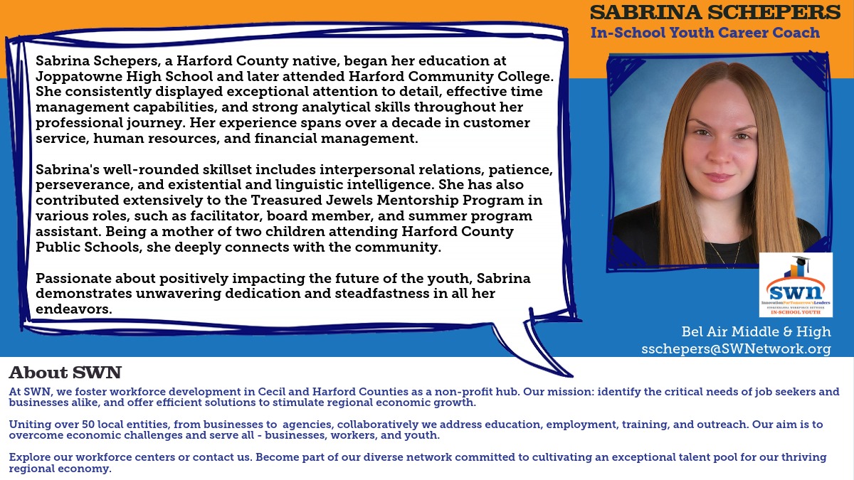 SWNJobsMD's tweet image. SPOTLIGHT ON: Sabrina Schepers, Bel Air Middle &amp;amp; High

Meet our diverse ISY team, the champions driving our region&apos;s career readiness for middle and high school students. Learn more: SWNetwork.org/blue-print-tea…

#FutureReady #SWNinTheCommunity #Blueprint4MD #FYP