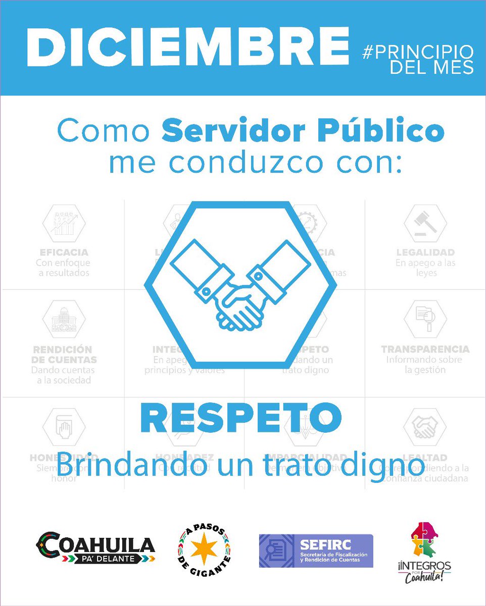 En #SEFIRC refrendamos nuestro compromiso de tratar a todas las personas con dignidad, cortesía y tolerancia, promoviendo un trato igualitario y sin discriminación. 
#PrincipiodelMes
#CoahuilaPaDelante
#APasosDeGigante <a href="/GobDeCoahuila/">Gobierno de Coahuila</a>