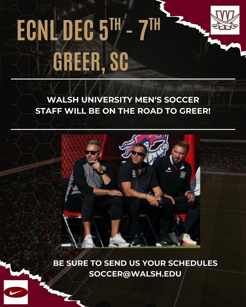 Walsh University men’s soccer staff will be on the road at ECNL, SC!
Be sure to send to send your schedules to soccer@walsh.edu #swordsup⚔️