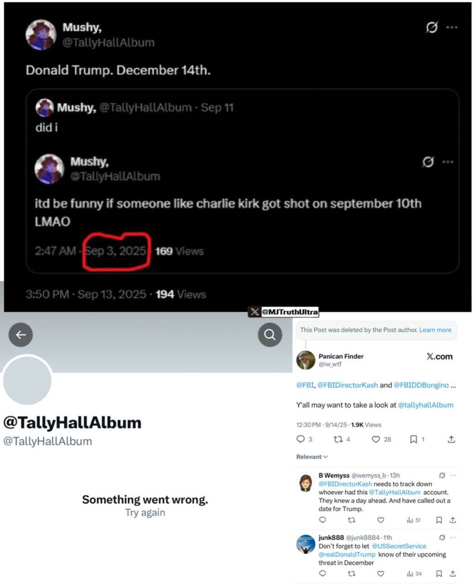 Reminder… it’s December now.

An X user by the name of TallyHallAlbum allegedly said “it’d be funny if someone like Charlie Kirk got shot on September 10”

After Charlie was shot.. This same user then wrote on Sept 13
— “Donald Trump. December 14th.”

The users account was then