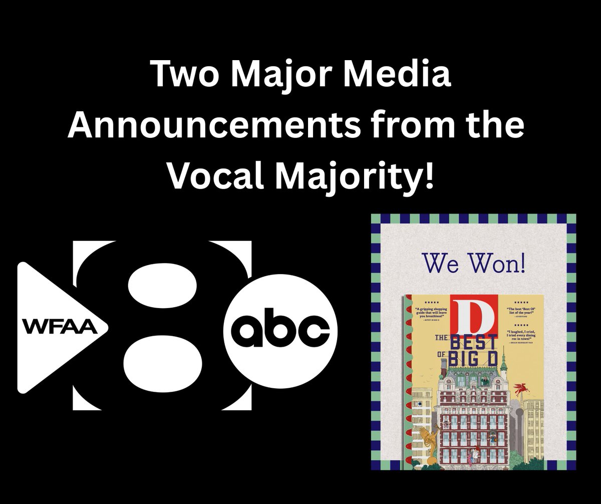 Two big VM announcements! 🎉
➡️ A VM ensemble will be featured on **WFAA Channel 8's Good Morning Texas tomorrow**—don’t miss it!
➡️ Vocal Majority has been named **Best Choral Group** in *D Magazine’s Best of Big D*!
Read the full story at vocalmajority.com/two-major-medi… .