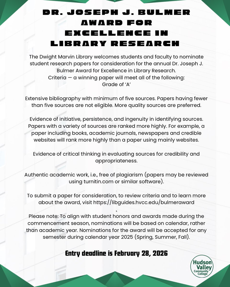 hvcclibrary's tweet photo. Dr. Joseph J. Bulmer Award for Excellence in Library Research - https://t.co/DNNnpXEgMW
Deadline: February 28, 2026
#hvcclibrary https://t.co/x9QOJVwqVT