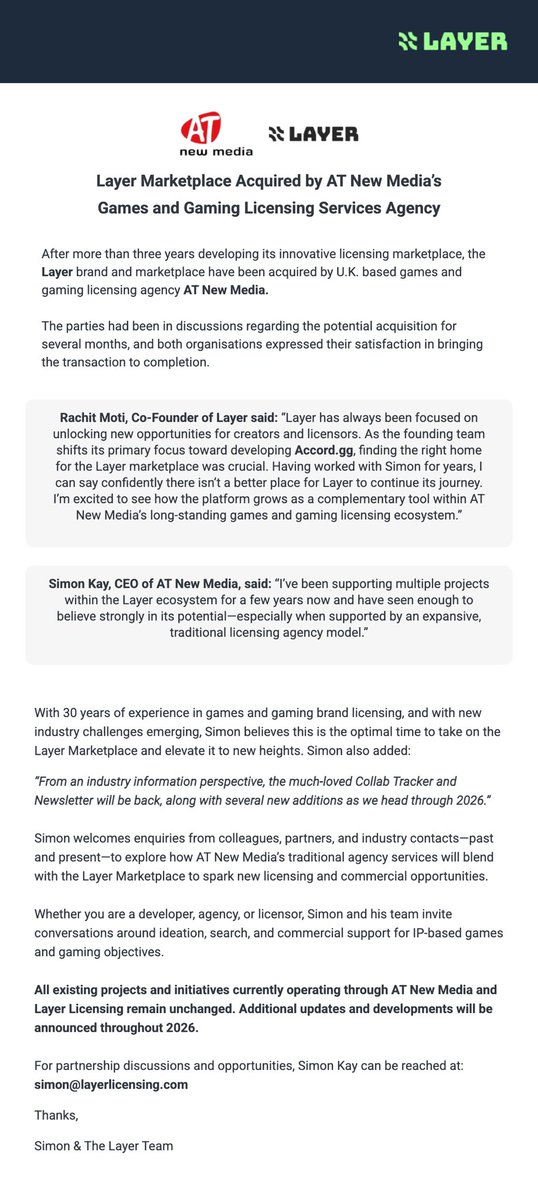 ATNewMedia's tweet image. We’re pleased to announce that AT New Media has acquired the @LayerLicensing marketplace and brand. Full press release attached…. Contact simon@atnewmedia.com to discuss new opportunities. #licensing #gamedevelopment #gaming #partnerships