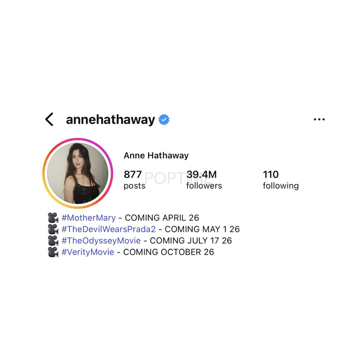 siteptbr's tweet image. Anne Hathaway atualiza sua bio no Instagram e exibe extensa agenda de lançamentos de filmes para 2026.