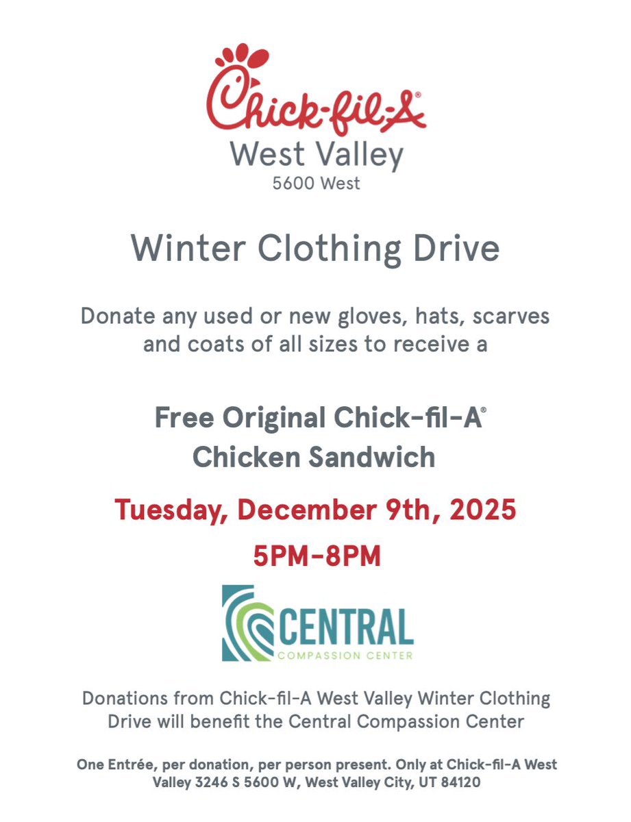CFAWestValley's tweet image. Want a free Original Chick-fil-A Chicken sandwich?
Come to Chick-fil-A West Valley next Tuesday and contribute to our Winter Clothing Drive! Bring any new or used gloves, hats, scarves and coats in order to count 

#coatdrive #winter #helpothers #FREE #tuesday #servingothers