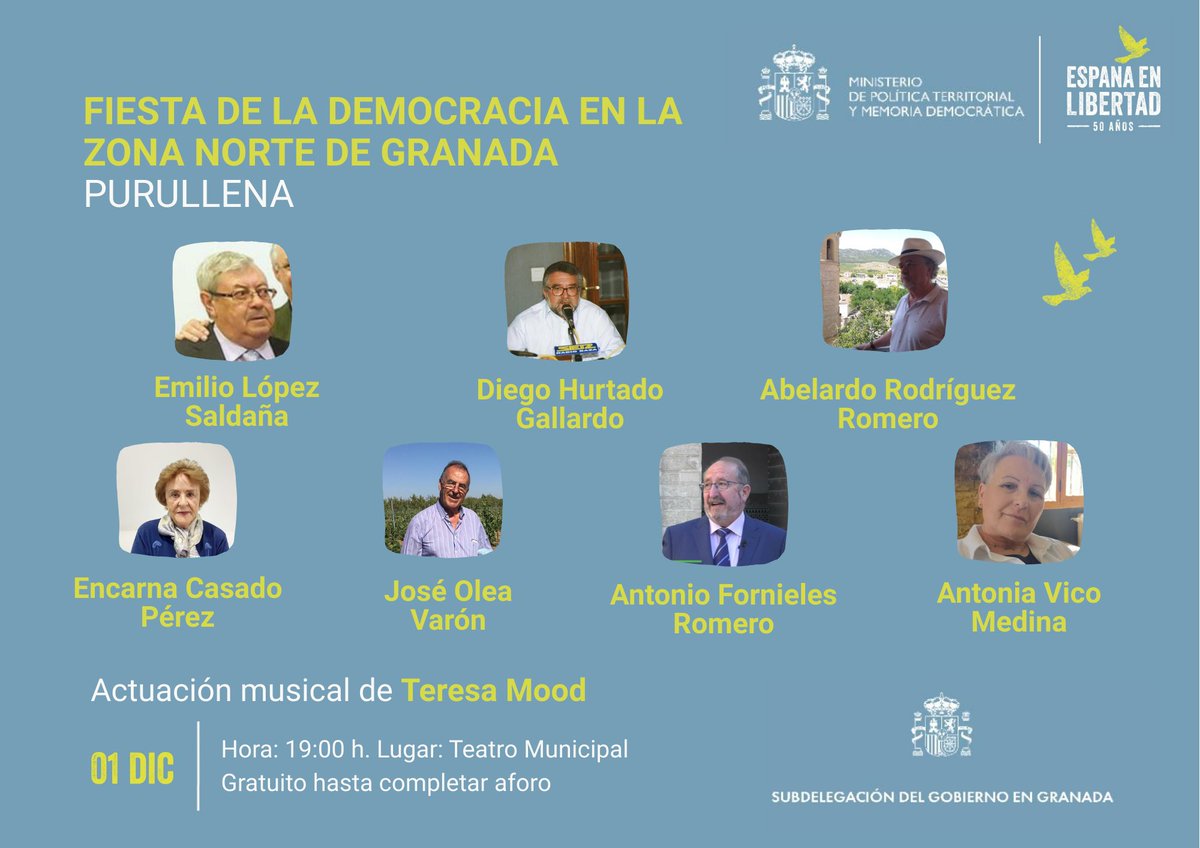 🕊 Con motivo de los <a href="/50enLibertad/">España en Libertad</a>, hoy celebramos la Fiesta de la Democracia en la zona norte de Granada en #Purullena.

🏅Se reconocerá la trayectoria de personas que tuvieron un papel destacado en la provincia en la recuperación de las libertades.

🎶 Actuación de Teresa Mood.