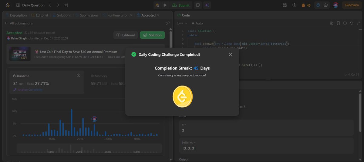 RahulSingh30070's tweet image. 📌 Day 73 Progress
🏅 Earned the 100 Days LeetCode Badge — consistency 🌟
🎯 POTD: Solved → #2141 (Binary Search )
📝 Completed OS Practical today
Keeping the pace steady. One step every day. 🚀
#TUFWinterArc #LeetCode #100DaysOfCode #CodingJourney
