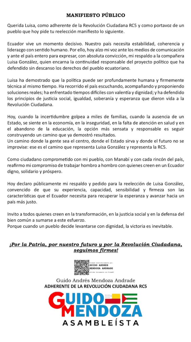 GuidoAndres_M_A's tweet photo. 🇪🇨 Hoy reitero mi respaldo total a nuestra querida compañera y amiga Luisa González, una mujer que ha defendido sin descanso al pueblo ecuatoriano. Su liderazgo humano y firme es el camino para recuperar la esperanza.
Desde Manabí, mi compromiso es seguir trabajando junto a quienes creen en un país con justicia Social y equidad.
@LuisaGonzalezEc 
@MashiRafael 
@RC5Oficial