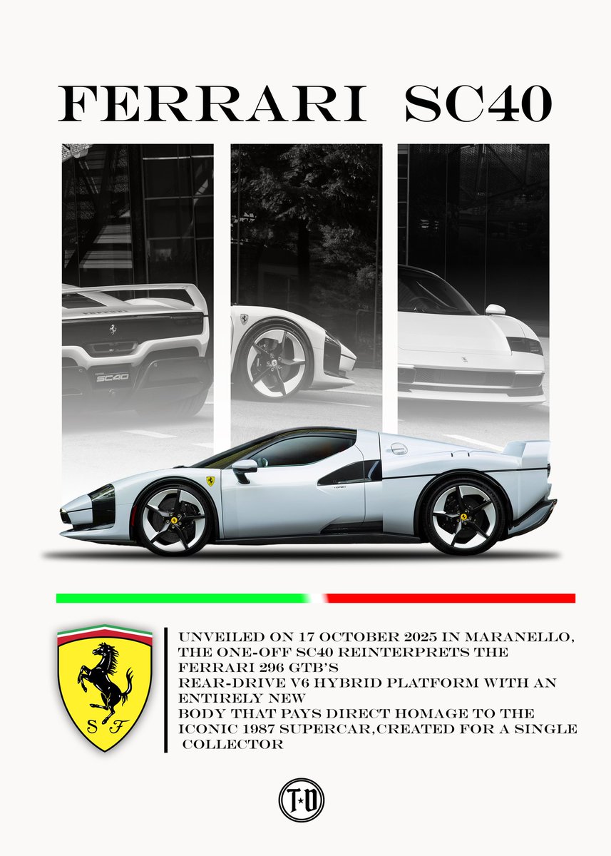 HoffmanChanwill's tweet image. Ferrari SC40 🔥 One-off retro masterpiece on 296 GTB V6 hybrid bones. Pure 1987 homage. Unveiled Maranello 17 Oct 2025 🇮🇹
#FerrariSC40 #SC40 #FerrariOneOff #296GTB #PrancingHorse #FerrariHeritage #Supercar #Hypercar #Maranello #Cavallino #TorqueDesigns