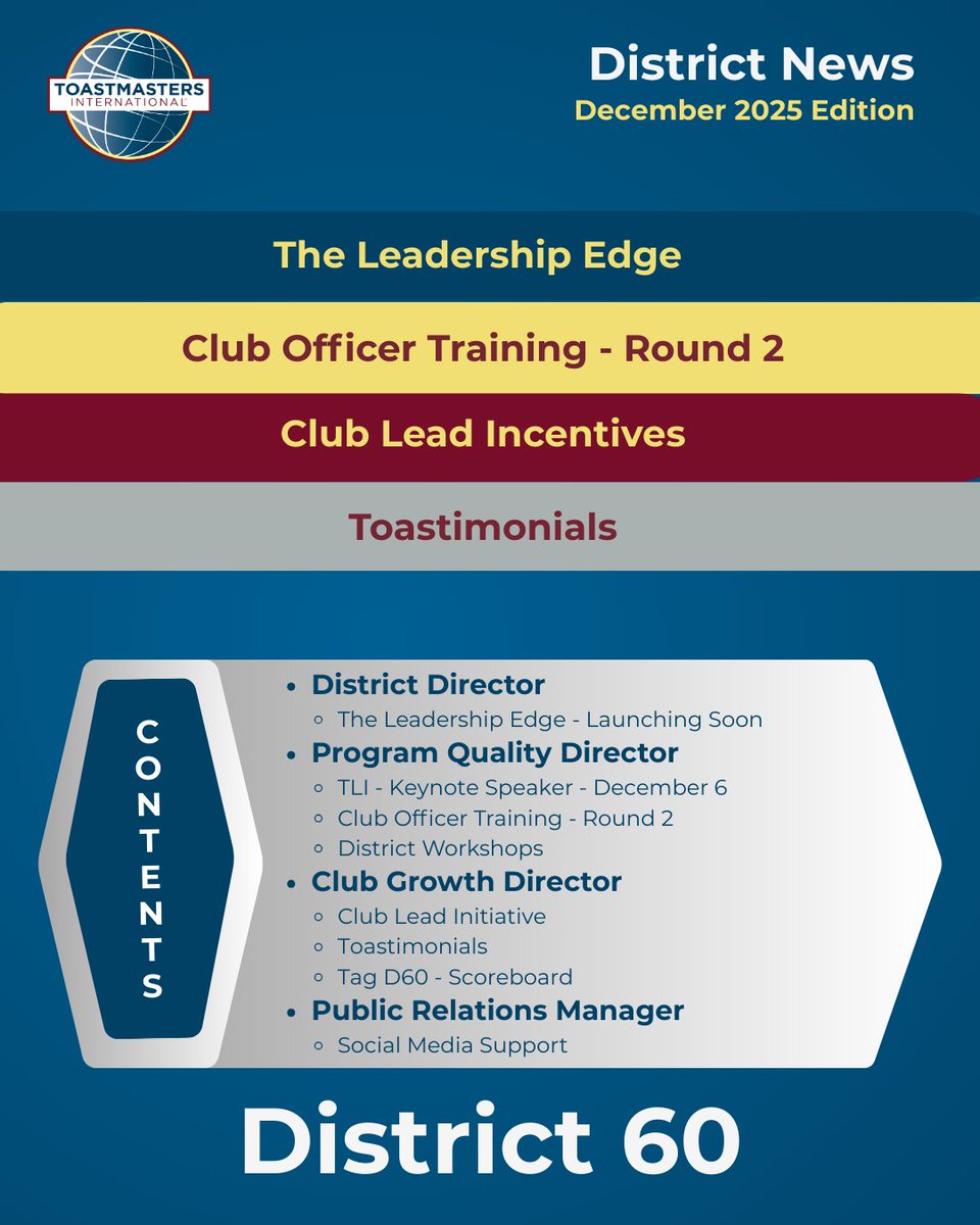 Our December Newsletter is here!
conta.cc/4rvO369
As we approach 2026, let’s celebrate our achievements and continue to collaborate for success. 
Wishing you a joyful holiday season and a productive start to the New Year. 
#Leadership  #Collaboration  #Growth  #District60