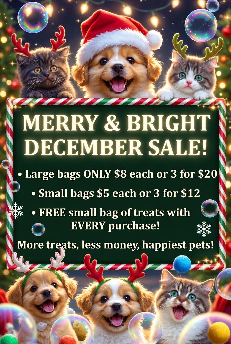 bandstreats's tweet image. When you come see us at any of the upcoming Christmas events, splurge with confidence for your pet! Check out our Meeey and Bright December Sale!  Find us this weekend in Tulsa for the Nutcracker Festival in the Sagenet Center at the Tulsa Fairgrounds! #bubblesandsqueaktreats…