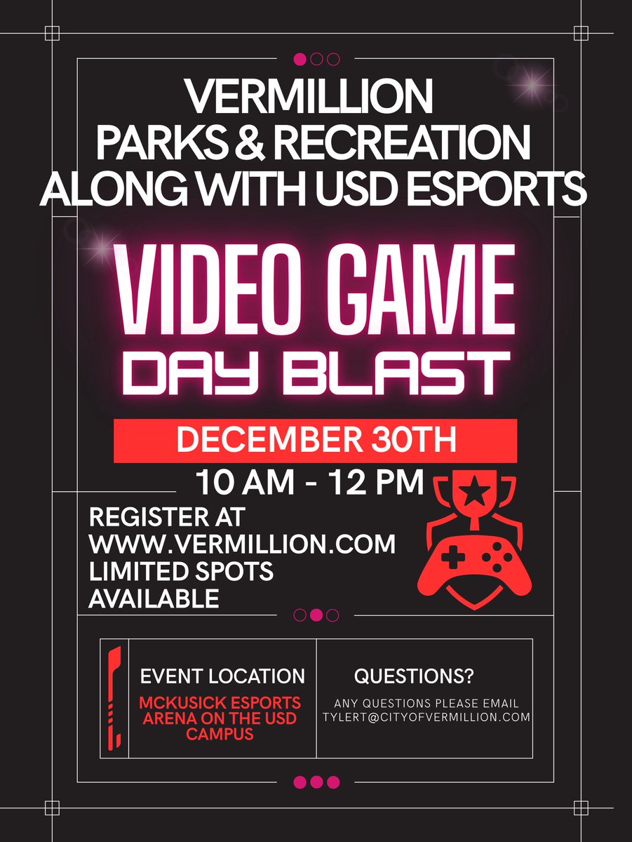 VermParksandRec's tweet photo. Join us on December 30th from 10:00 am until noon for an action packed video game day blast! Registration is now open and spots are limited. Any questions please email tylert@cityofvermillion.com https://t.co/FzQMxL8GeQ
