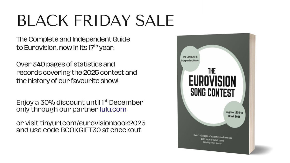 Silverthornpub's tweet photo. Black Friday sale! Enjoy a 30% discount off the normal price of our paperback only at https://t.co/OOaiFWkPUi until 1st December.
https://t.co/OOqcKHQPU1 
#eurovision #blackfridaybooks #eurovisionbook #eurovisionsongcontest #eurovisionstats https://t.co/2xQHHHTmzF
