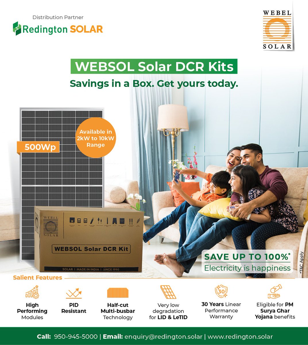 Redington_solar's tweet image. Websol DCR Solar Kits bring reliable performance, smart design, and everything you need in one complete solar box. 
Built for long-term value and smooth installations. Ready stock available Pan-India with quick delivery.
#Websol #DCRKits #RedingtonSolar #MadeInIndia