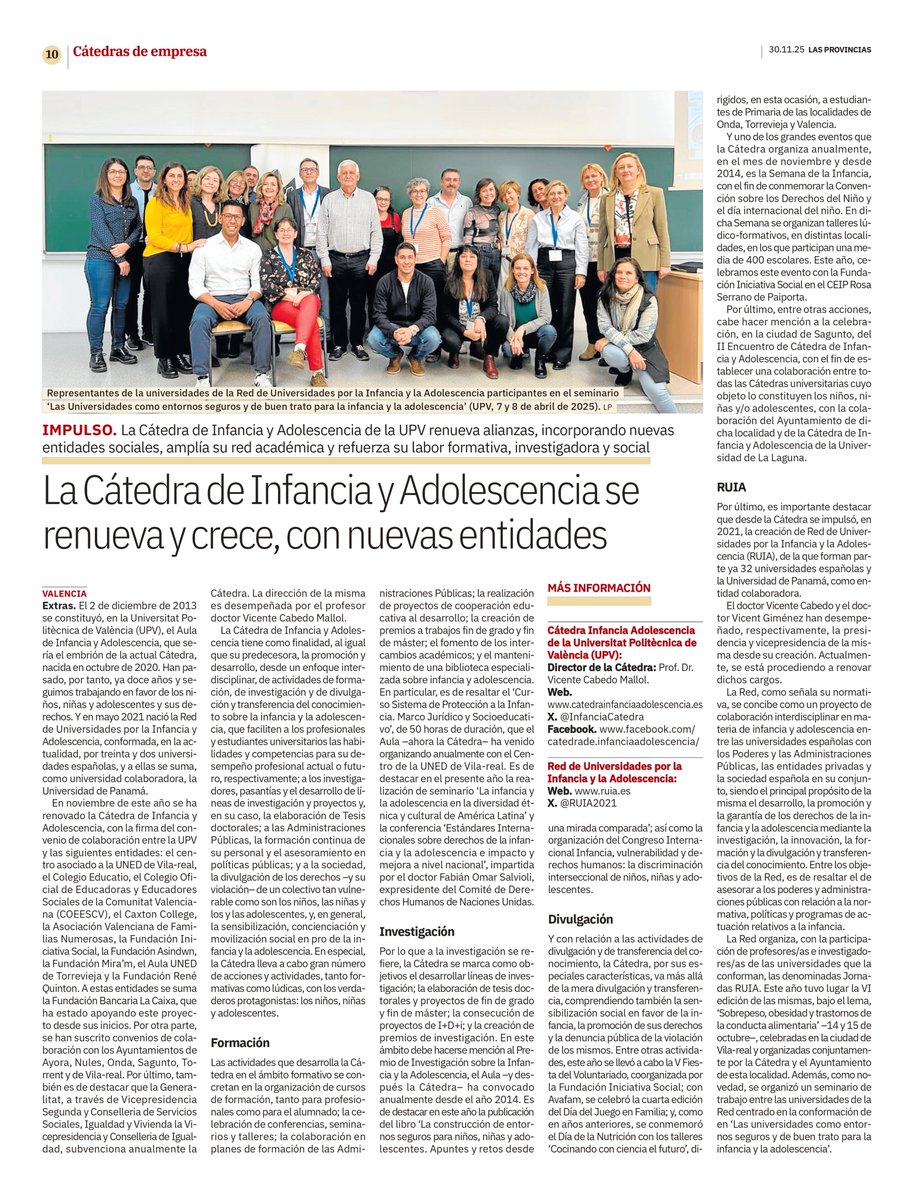 🤝La Cátedra de Infancia y Adolescencia de la UPV cierra 2025 consolidando su crecimiento institucional. Ha establecido nuevas alianzas estratégicas, incorporado entidades sociales y ampliado su red académica, fortaleciendo su labor formativa, investigadora y de impacto social.