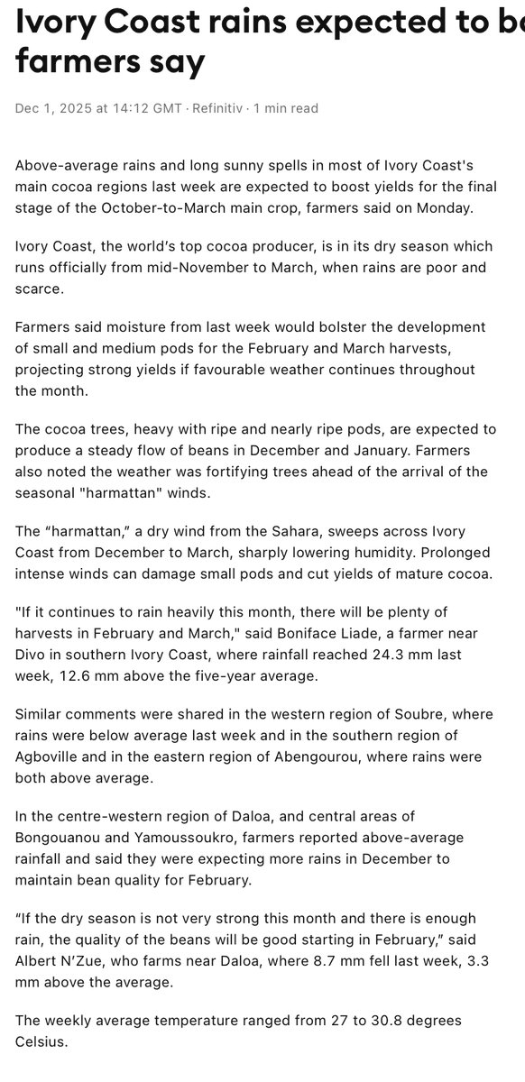 Rebelty_8's tweet image. #cocoa Ivory Coast rains expected to boost cocoa yields, farmers say.... farmers again still see a good harvest and favourable weather conditions