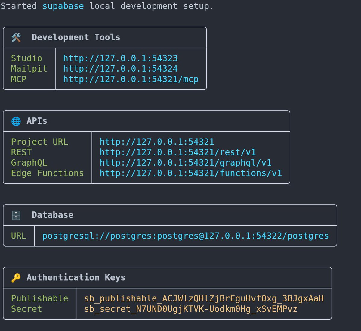 the supabase CLI got a face-lift

run `supabase start` to get the full stack running locally: