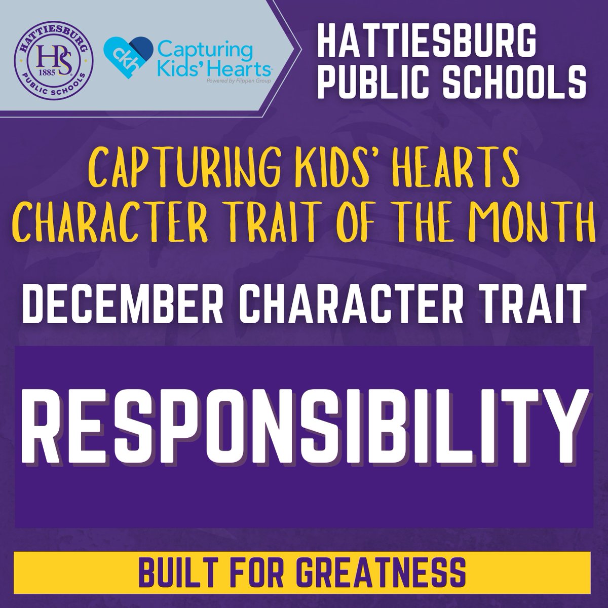 HPSD's tweet image. For November, HPS highlights the CKH trait Teamwork, working together toward a common goal. Being a great team player means listening, supporting our peers, and helping each other succeed. #BuiltForGreatness
