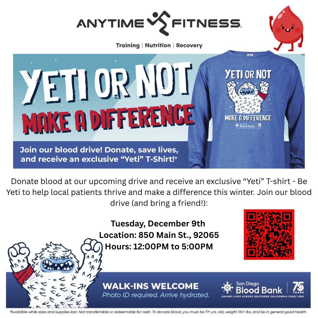 AnytimeRamona's tweet photo. Help save lives by donating 🩸blood on Tuesday, December 9th at Anytime Fitness Ramona. Scan the qr code or click on the link in the comments. Thank you Ramona! https://t.co/GzWAqtm8dM