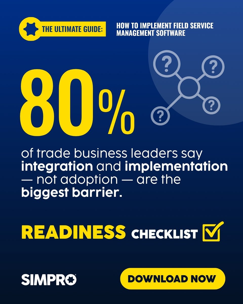 simprosoftware's tweet image. 🚨80% of trade business leaders say integration &amp;amp; implementation — not adoption — are the biggest barriers. 🚨

Are you prepared?👉Get our Readiness Checklist: bit.ly/3WsGLC2

#FieldServices