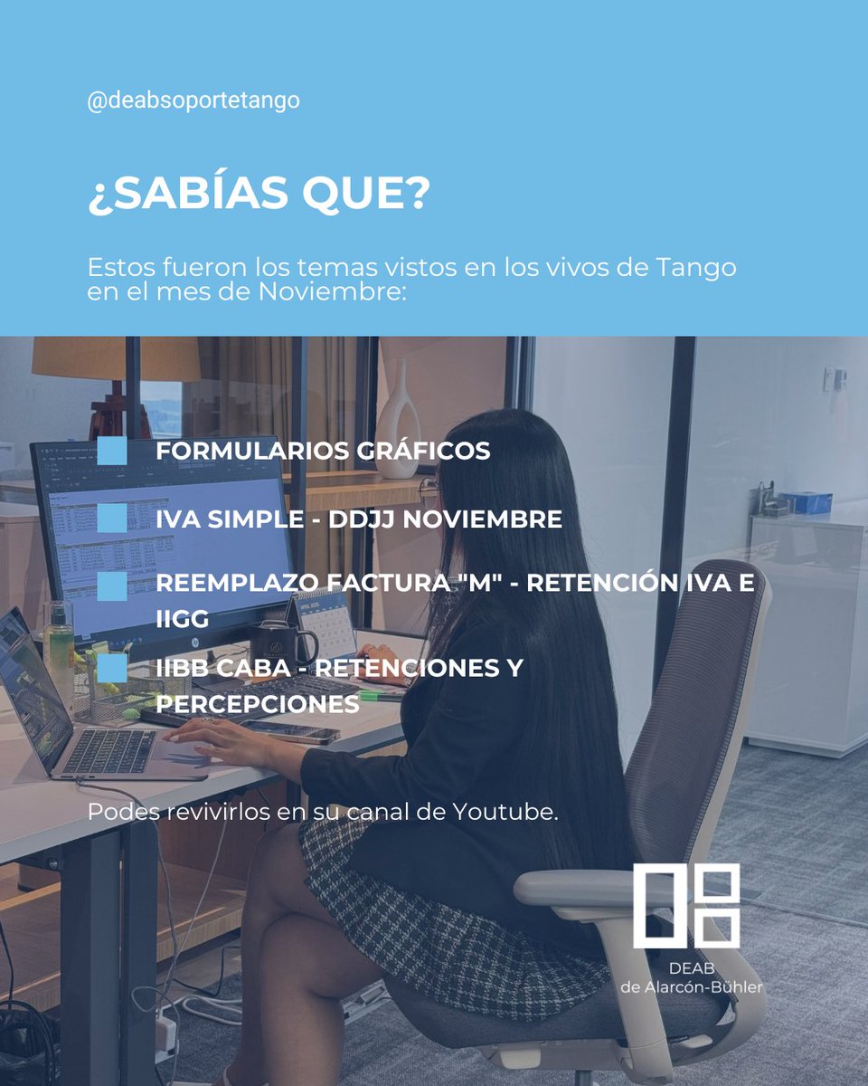 DEABTango's tweet image. ¿SABÍAS QUE?

📢 Estos fueron los vivos de Tango en el mes de Noviembre:

🟦 Formularios Gráficos.

🟦 IVA Simple - DDJJ Noviembre.

🟦 Reemplazo Factura ¨M¨ - Retención IVA E IIGG.

🟦 IIBB CABA - Retenciones y Percepciones.

🔴 Revivirlos en YouTube.

#tangosoftware #deab
