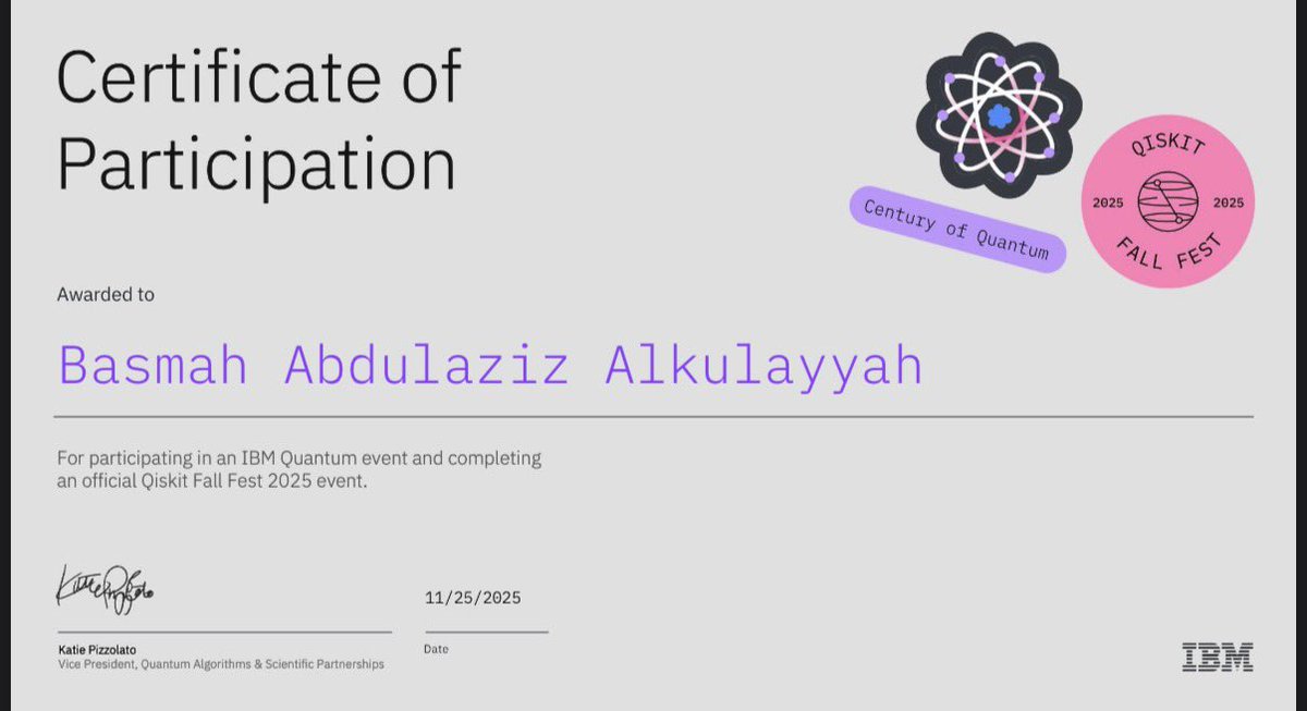 b_bna06's tweet image. فخورة بمشاركتي في Qiskit Fall Fest 2025 مع IBM Quantum!
تجربة وسّعت فهمي للحوسبة الكمية وفتحت لي آفاق جديدة في مجال الـCIS.
جاهزة أتعلم أكثر وأكمل مشواري في التقنيات المستقبلية. 💜⚛️
#Qiskit #QuantumComputing #IBM #CIS
