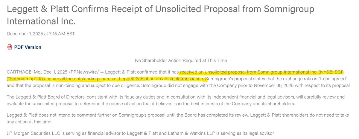 $LEG received all-stock buyout offer from $SGI at $12 per share

I'd do the same if my stock were up ~270% over the past few years, but this offer is way too low