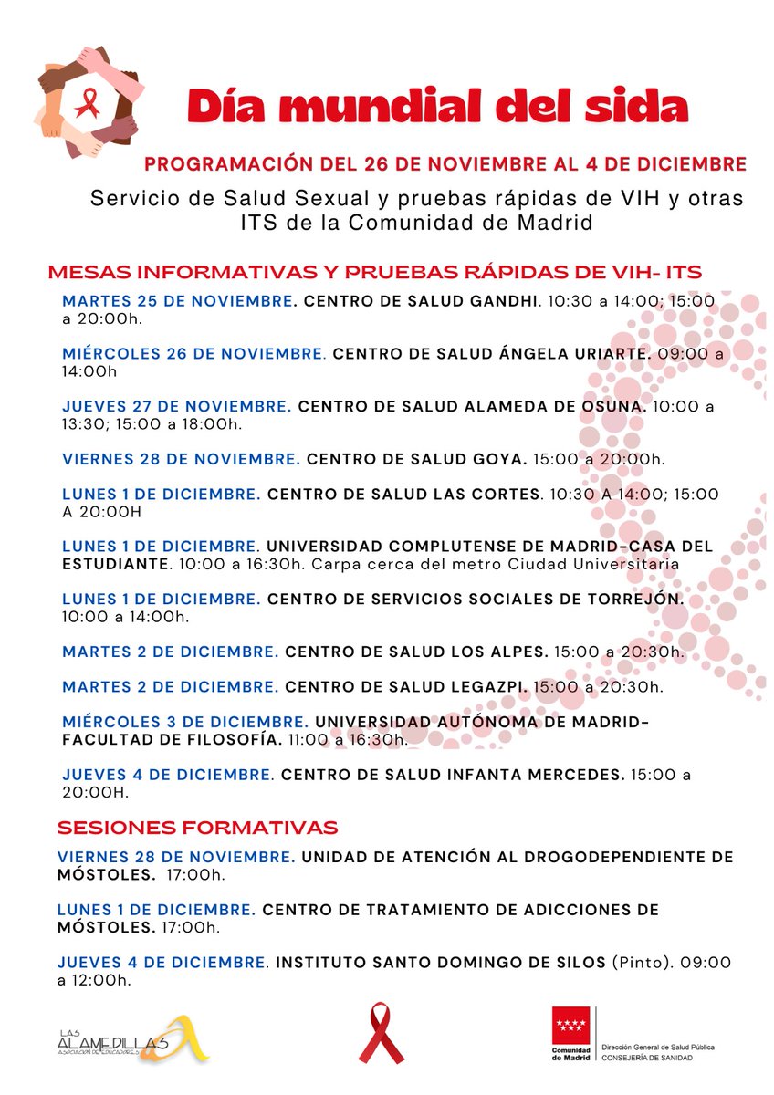 Esta semana nuestro equipo de “Prevención y diagnóstico precoz de VIH y otras ITS de la CAM”estará en diferentes ubicaciones para concienciar sobre hábitos sexuales sanos, realizando pruebas rápidas con resultados en 15 min
Hoy estuvimos en Ciudad Universitaria
#DiaMundialDelSida