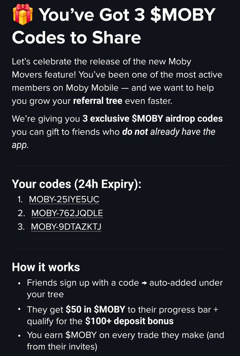 For those who still haven't tried out the Moby app, here are some codes for an extra $50 airdrop for new users. Only for new users who want to degen the right way.
$MOBY #MOBY