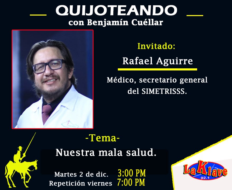 RadioLaKlave92's tweet image. #Programa l Quijoteando 🎙
Este martes   2 de diciembre no te pierdas tu programa &quot;Quijoteando&quot; a las 3:00 pm y su repetición viernes 7:00 pm. Sintonízalo en… Ver más …
escúchanos en el 92.1 y en  radiolaklave.org.sv