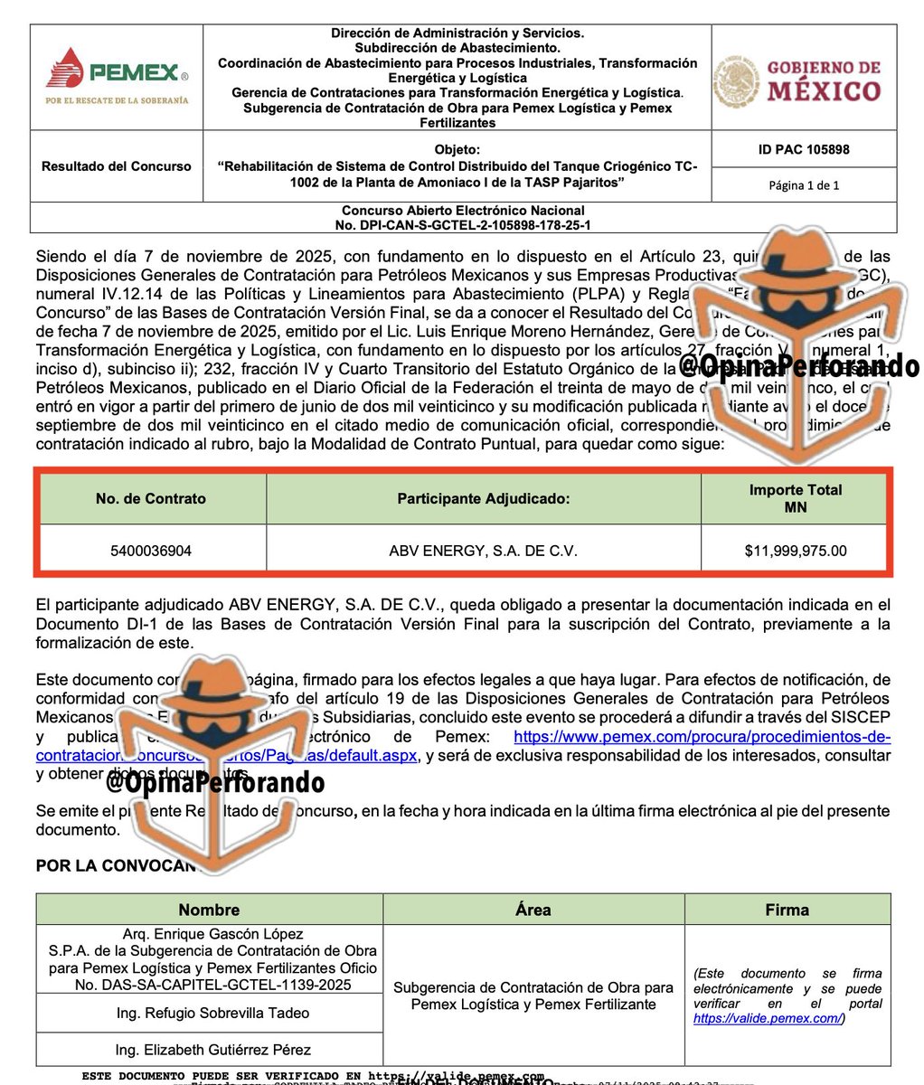 OpinaPerforando's tweet photo. EL OTRO CLAN EN PEMEX: ARENAS BRIONES-ARENAS VILLAGÓMEZ

#Ojo @GMonroyEnergy #Pemex 
Uno de los personajes más oscuros en Petróleos Mexicanos (Pemex) es Armando Ricardo Arenas Briones, ex subdirector de la otrora Pemex Gas y Petroquímica Básica (PGPB) quien ha sido denunciado ampliamente en medios por presuntos actos de corrupción, y que hoy sigue vigente como contratista junto a su hijo Carlos Armando Arenas Villagómez.
El pasado 7 de noviembre, a través de la empresa ABV Energy SA de CV, donde el ex funcionario de PGPB aparece como socio, junto a su hijo Carlos Armando Arenas Villagómez y la razón social Northsa Group Interactions SA de CV (de Sergio Ceseñas González) ganaron el contrato 5400036904 para la rehabilitación de Sistema de Control Distribuido del Tanque Criogénico TC-1002 de la Planta de Amoniaco I de la TASP Pajaritos por un monto de $11,999,975.00 pesos.
Pero Carlos Armando Arenas Villagómez, hijo de Arenas Briones, aparece en otras empresas como Grupo SODI SAPI de CV, que se ha agenciado contratos en el Instituto Mexicanos del Petróleo (IMP) como el 2021000117, por $8,122,958 pesos, para el servicio de un sistema integral portátil para la detección, medición de sólidos y retención superficial de sólidos; uno más lo obtuvo en Pemex Exploración y Producción (hoy Pemex Exploración y Extracción) el contrato 646204833 para servicio de medición multifásica para los pozos por $17,399,741.43 pesos.
Sin embargo, una de las más exitosa donde también aparece el apellido Arenas Villagómez es Grijalva Energy SA de CV, que ha obtenido en PEP y Pemex Transformación contratos por $1,144,118,245.26 pesos, entre ellos: 645019809, por $420,449,900.10 pesos; 5100445890, $153,531,617.76 pesos; 645019809, por $130,316,135.36 pesos; 645019809, $122,963,496.60 pesos; 5100445887 por $109,992,477.67 pesos; 5100445892 por $85,028,944.33 pesos; 5100445897 por $40,820,483.89 pesos; y 5100445893 por $31,542,486.14 pesos.

NEGRO PASADO
Armando Ricardo Arenas Briones, que fue citado para declarar por el expediente FED/SEIDF/CGI-CDMX/0000117/2017 abierto por los posibles sobornos que pagó la empresa brasileña Odebrecht a funcionarios petroleros, tiene un negro pasado como servidor público y que ha sido ampliamente documentando por diversos medios como Proceso, que publicó sobre la demanda penal AP PGR /TAB/VHSA/-III/426/D/2010, interpuesta ante la Procuraduría General de la República (PGR) por la presunta falsificación de firmas y documentos en Pemex Gas y Petroquímica Básica (PGPB), mediante facturas apócrifas, donde dicha subsidiaria otorgó millonarios contratos a la compañía Neurosystems, S.A de C.V., empresa vinculada con familiares directos del subdirector de Pemex Gas y Petroquímica Básica, Armando Arenas Briones y su hijo Carlos Armando Arenas Villagómez.
Y como decía el padre de la 4T y exmandatario mexicano Andrés Manuel López Obrador, sin bien no es ilegal, si es inmoral que exfuncionarios y familiares directos sigan ganando contratos… ¡¡Así las cosas, en Pemex!!