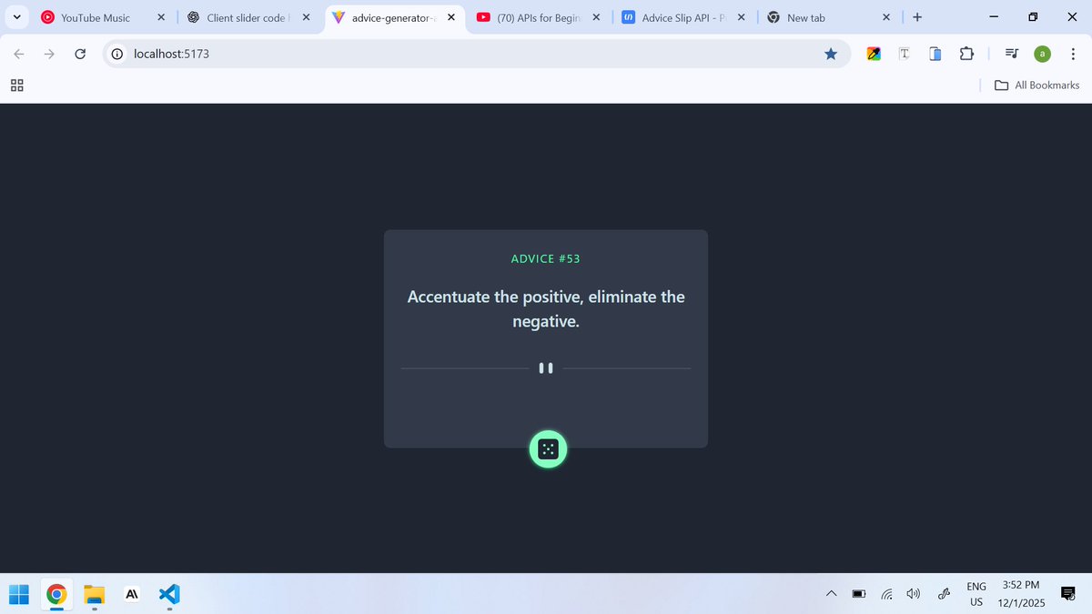 THEJASPERJAY's tweet image. Day 42 of 60 Days of Code
Today I worked on my first API project from @frontendmentor. An advice generator. I really wish I could add something interesting while it loads but with time I will get there. So much to learn. ✌️

#javascript #react #api #webdevelopment #frontendmentor